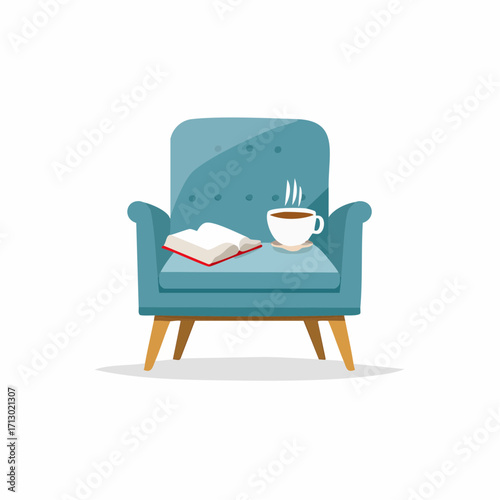 Illustration of a Cozy Teal Armchair with Open Book and Steaming Coffee Cup Isolated