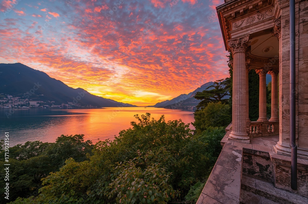 Fototapeta premium Colorful sunset over a serene lake viewed from a temple terrace