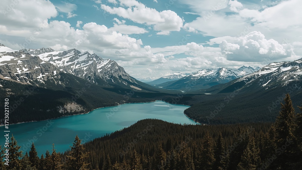 Naklejka premium Aerial perspective of a lake surrounded by snowy peaks and lush greenery