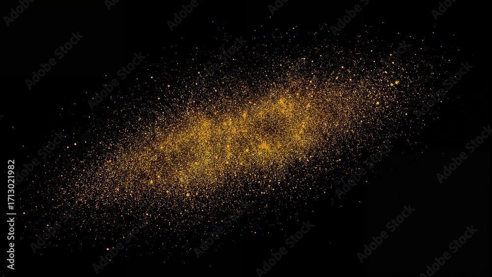Fototapeta premium Tiny yellow dust fragments drifting through a black void, appearing like mist.