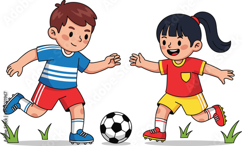 Boy and girl playing soccer together, children running with football, cartoon illustration for kids sports, active lifestyle, outdoor fun