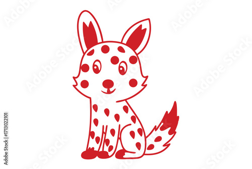 Cartoon spotted dog sits cheerfully with a simple, red outline on a white background