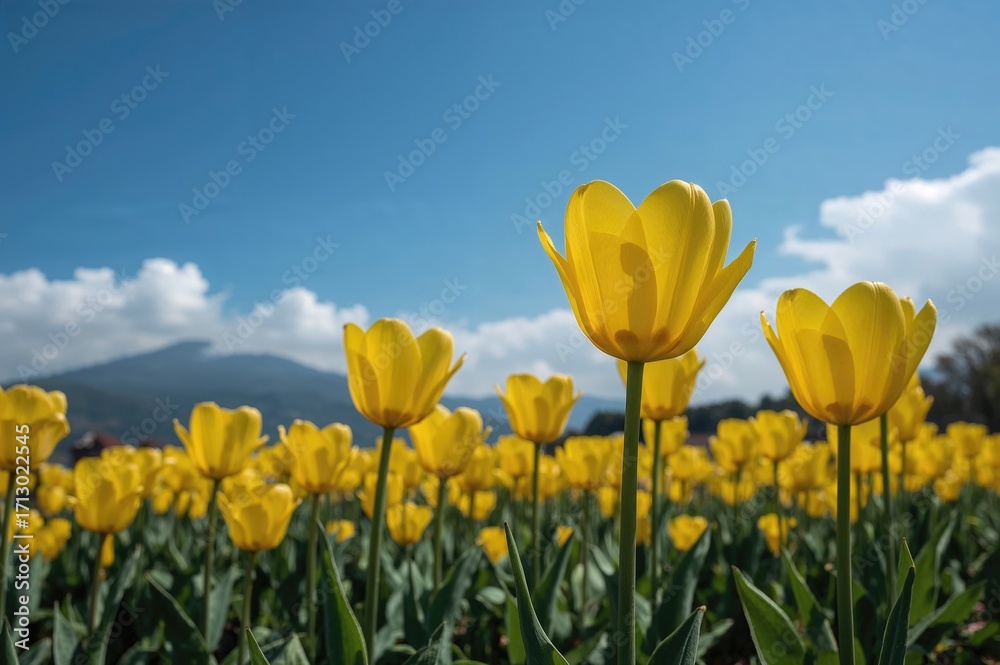 Fototapeta premium Bright yellow tulip blooms during the spring season