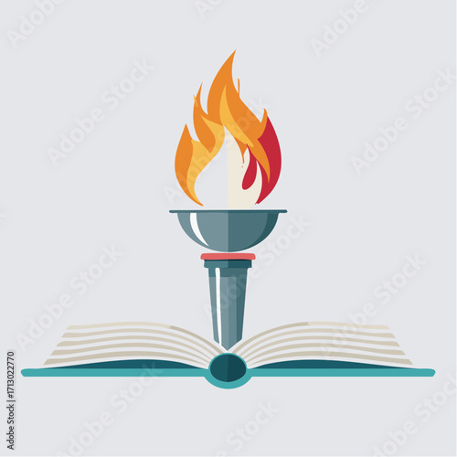 Illustration of a Lit Torch atop an Open Book Suggesting Knowledge and Learning