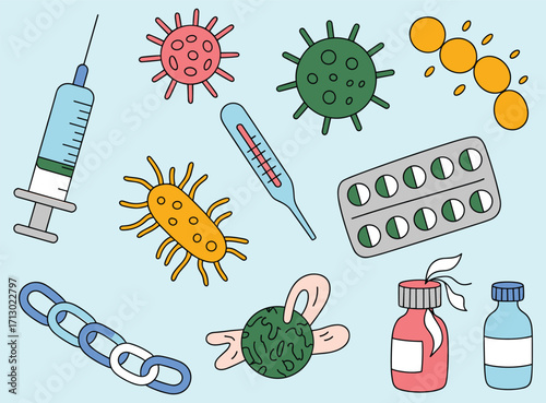 Medical science illustration, cartoon virus and syringe, healthcare concept, colorful bacteria, pills and medicine, infection prevention design