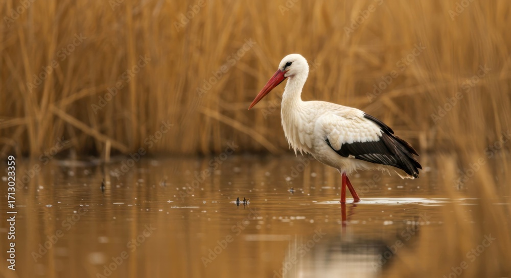 Fototapeta premium Elegant stork with red beak standing still in marsh waters.