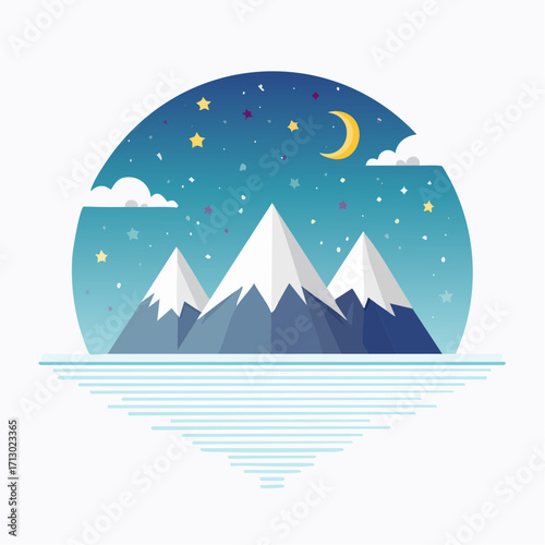 Illustration of a mountainous winter landscape with a starry night sky and crescent moon scene