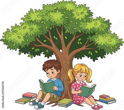 Boy and girl reading books under tree, children studying outdoors, peaceful learning moment, cartoon illustration for education and literacy