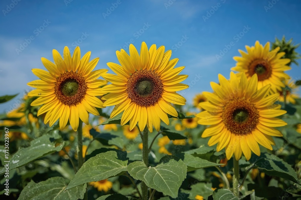 Obraz premium Blue sky backdrop with bright yellow sunflowers