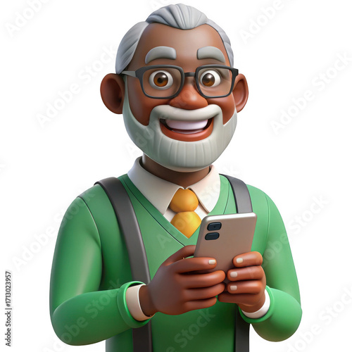 3d cheerful elderly man holding smartphone