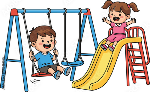 Happy boy swinging and girl sliding at playground, cartoon children playing on swing set and slide, outdoor fun, vector illustration