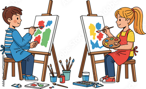 Boy and girl painting on easels, children drawing colorful art, creative kids, art class, preschool activity, cartoon illustration for education