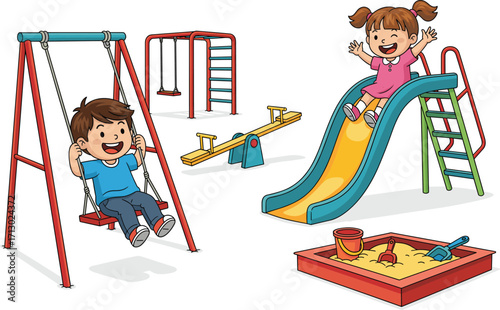 Happy kids playing at playground, boy on swing, girl sliding down slide, sandbox, seesaw, monkey bars, outdoor fun, cartoon illustration