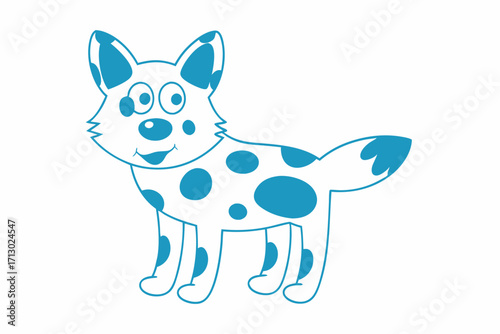 Cartoon stylized dog shows blue spotted pattern against the white background cheerfully smiling