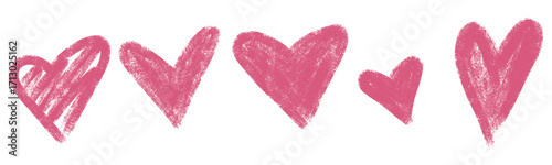 Hand drawn crayon hearts set. Chalk or charcoal kids scribble heart collection. Pencil freehand doodle love elements. Childish valentines brush stroke signs. Vintage paintbrush vector illustration