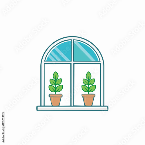 Illustration of an arched window with potted plants, evoking a sense of tranquility and freshness