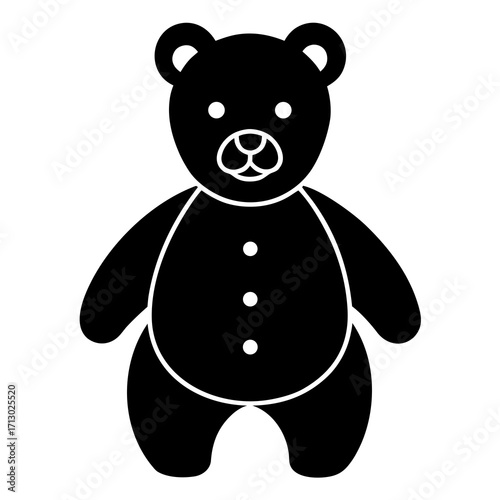 Black silhouette of a classic teddy bear toy with white button details and outline vector