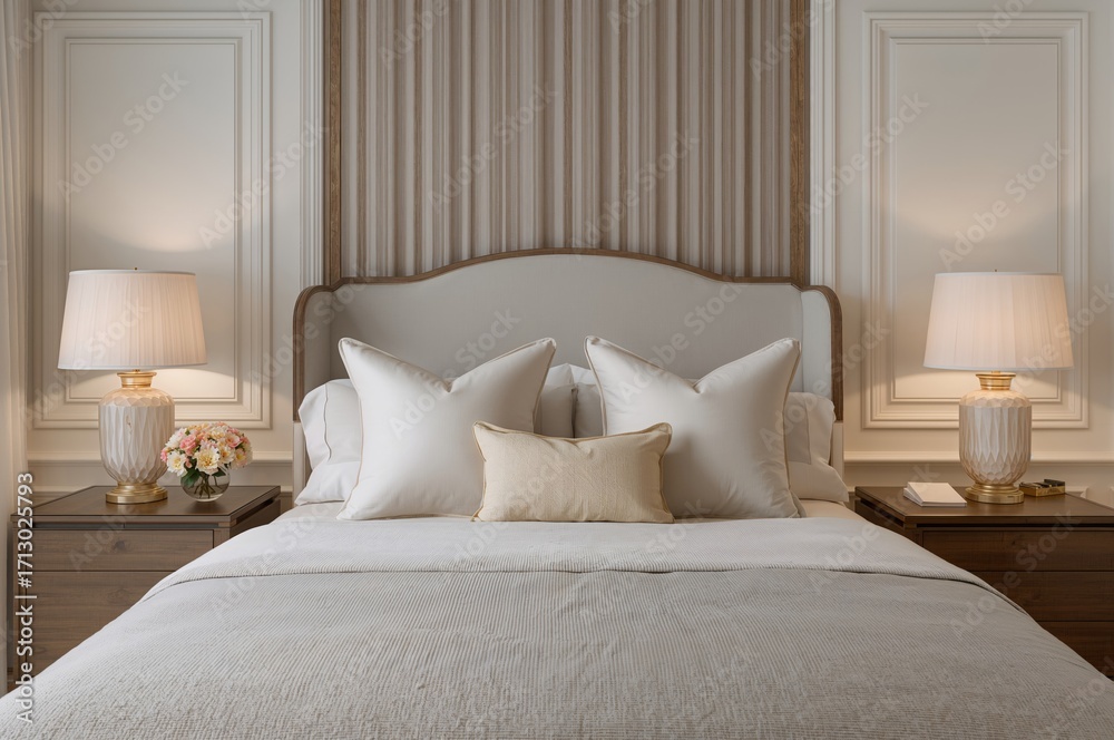 Obraz premium A peaceful and stylish bedroom featuring a neatly made bed with plush white and beige cushions, perfect for creating a cozy and welcoming vibe