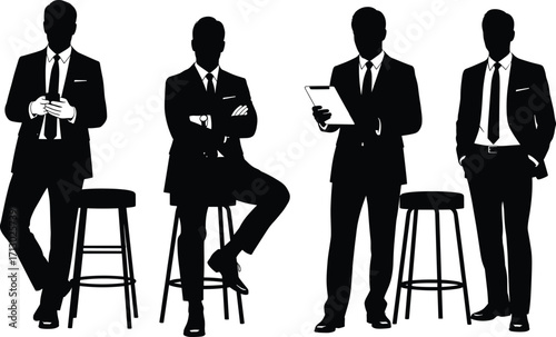 Businessmen silhouette vector illustration showing corporate professionals in various poses, ideal for office, teamwork, leadership, and presentation themes.