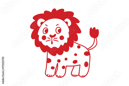 Cartoonish red lion with a furry mane stands on a white background with a displeased expression