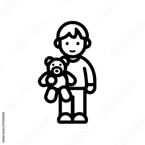 Boy kid child holding teddy bear toy plush childhood happy cute play friend love care comfort line art