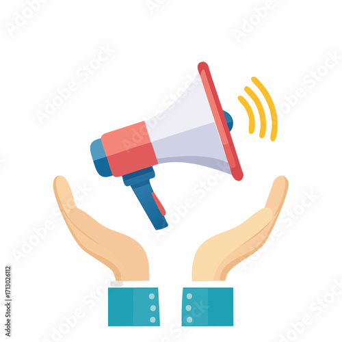 Illustration of hands holding a megaphone, promoting announcement, advertising concept