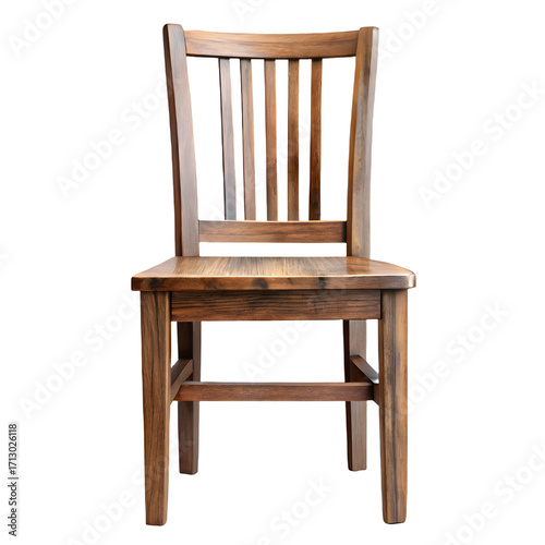 Front view of a vintage wooden dining chair with slatted back and natural wood grain