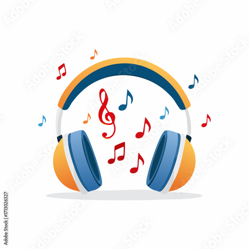 Illustration of Modern Headphones Surrounded by Musical Notes on a White Background
