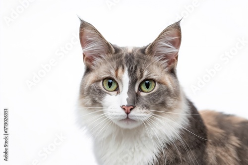 Banner-style image of a longhaired bobtail cat with gray and white dappled fur, mixed with Manx traits