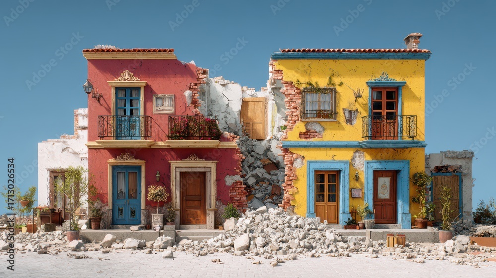 Fototapeta premium colorful house with half of it collapsed