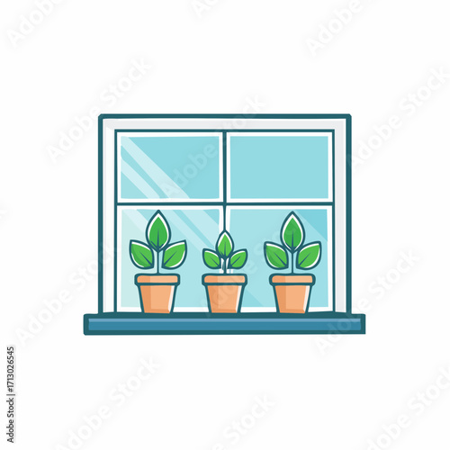 Illustration of three potted plants thriving on a windowsill, natural light shining
