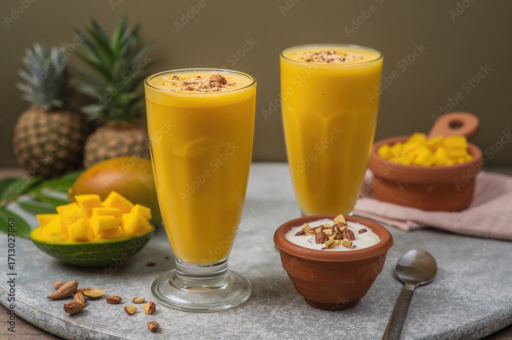 Fototapeta premium Refreshing mango beverages including juice, shake, lassi, and rabdi, served with chopped pulp and nuts in various clay pots. A tropical fruit drink presentation idea.