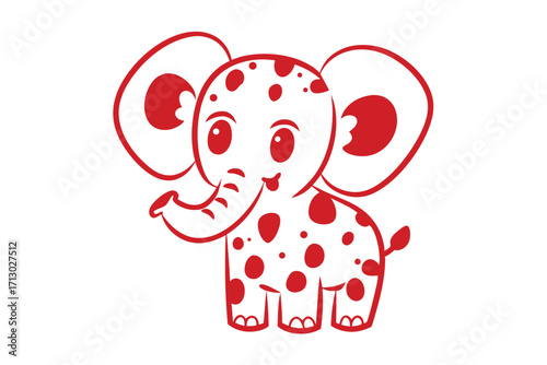 Charming cartoon elephant with delightful red spots poses cheerfully on a bright white backdrop