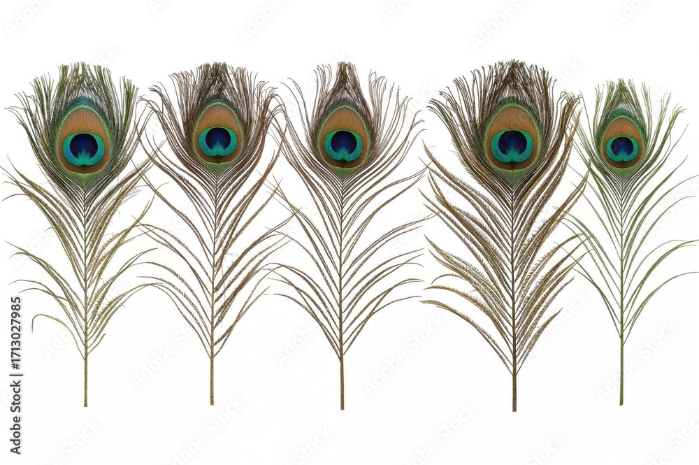 Obraz premium Collection of vibrant and stunning peacock plumes displayed against a white backdrop