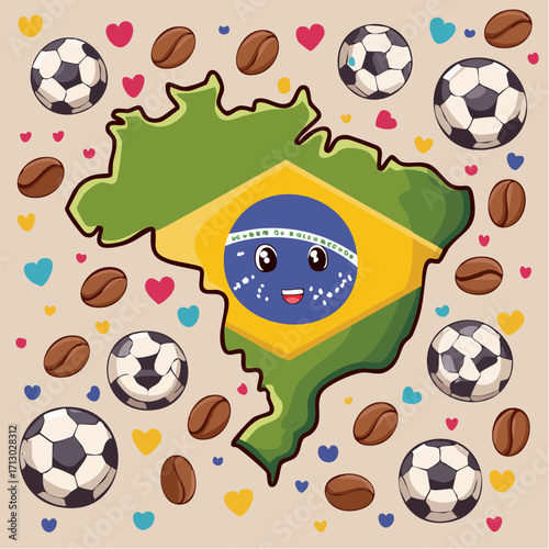 Colorful illustration featuring Brazil's national flag on a charming country map, surrounded by iconic soccer balls and aromatic coffee beans