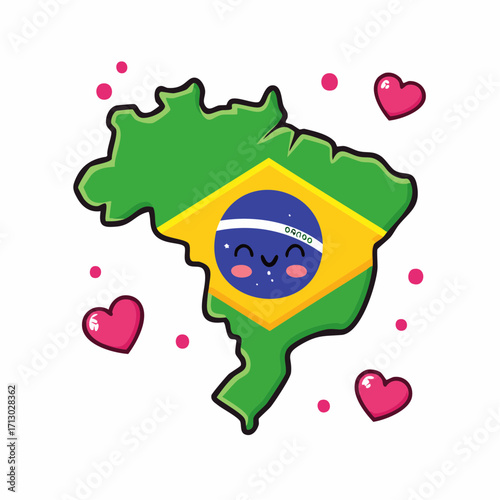 Brazil flag map country in kawaii style with hearts, national symbol illustration