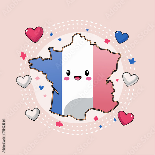 Cute Kawaii Map of France with Flag Colors and Hearts, Travel and Culture