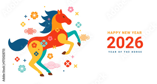 Happy Chinese New Year 2026 banner. Year of the Horse poster. Vector illustration. Place for text. Spring floral pattern, festival holiday sale template, menu design. Lunar pony colorful background