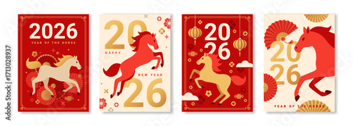 Posters Set 2026 Happy Chinese New Year. Lunar Horse silhouette red gold banners. Vector illustration. Asian Fan, China Lantern, Floral Background. Place for Text. Japanese Christmas menu design
