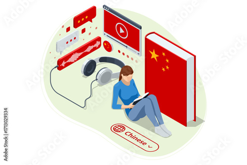 Chinese, China. Isometric person learning a foreign language with a virtual assistant on a tablet, showcasing modern digital education. Modern AI assistant for education, e-learning