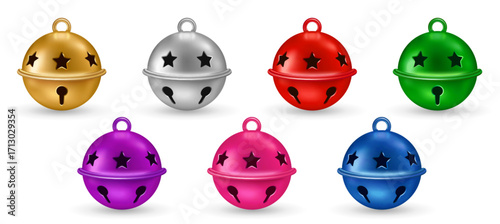 Jingle bells colorful icons set isolated on white background. Vector illustration. Merry Christmas Happy New Year 3d metal object. Xmas tree red silver winter decoration for party poster banner.