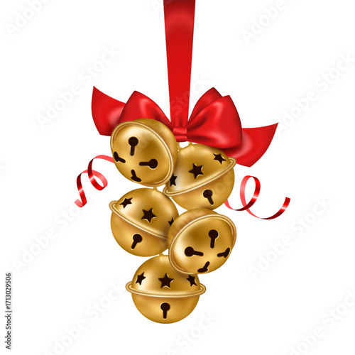 Gold jingle bells bunch hanging isolated on white background. Vector illustration. Happy New Year retro decoration 3d icon. Red ribbon bow serpentine. Merry Christmas Eve party poster banner design