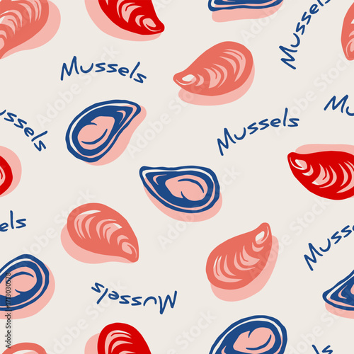 Oyster Mussels shells blue red seamless pattern. Vector illustration. Retro line drawing background for menu design, seafood restaurant. Sea clam texture, beach food sketch. Vintage kitchen backdrop