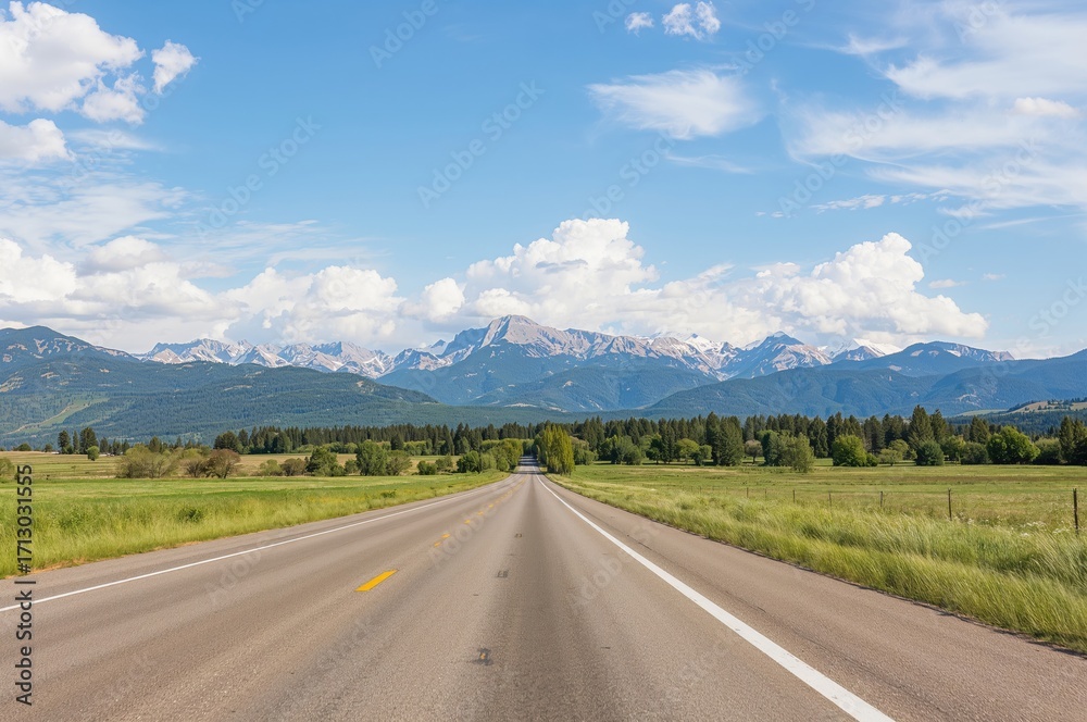 Fototapeta premium A road extends into scenic mountain peaks beneath a clear blue sky dotted with clouds, bordered by lush green meadows.