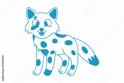 Cheerful blue cartoon fox displays its polka dots while standing happily on white
