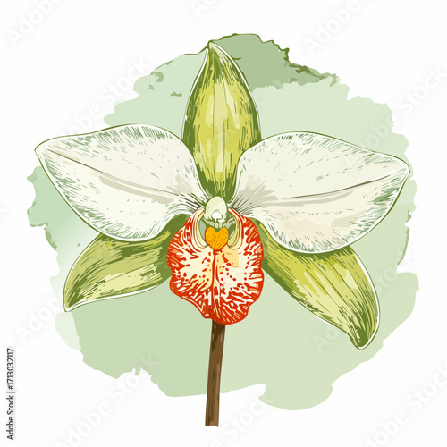 a single ghost orchid with wispy pencil outlines, stippled stamen texture