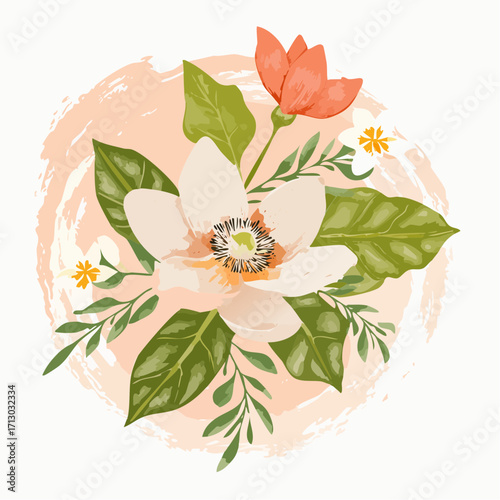 passion flower and jasmine boutonniere graphite sketch over light coral watercolor wash for refined floral art