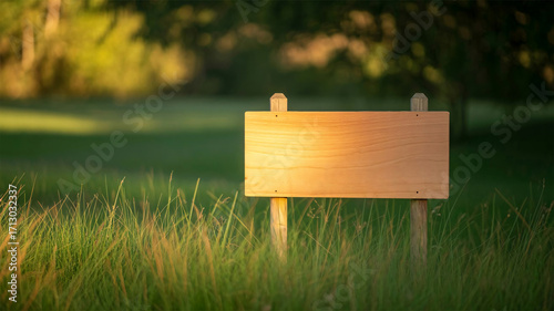 Blank wooden sign in tall grass field with golden sunlight