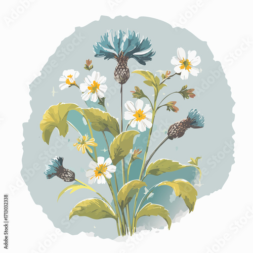 wild field‐flower posy graphite sketch over soft sage watercolor wash for whimsical botanical art