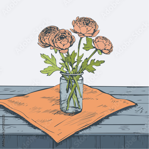 muted salmon watercolor ranunculus stems over linen tabletop graphite sketch for charming floral art